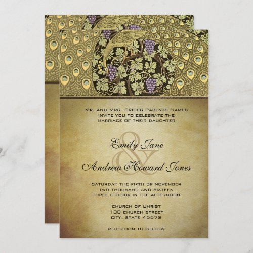 Gold Art Nouveau Peacock Birds Wedding Invitation