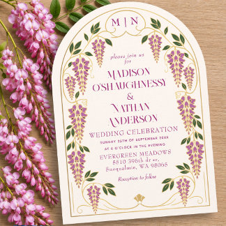 Gold Art Nouveau Pink Wisteria Wedding Arch Invitation