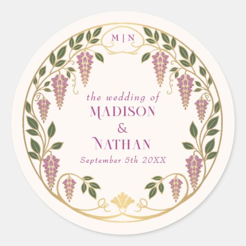 Gold Art Nouveau Pink Wisteria Wedding  Classic Round Sticker