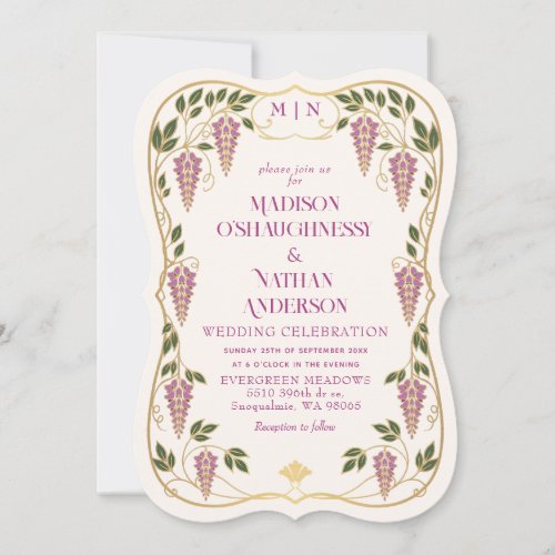 Gold Art Nouveau Pink Wisteria Wedding  Invitation