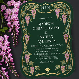 Gold Art Nouveau Pink Wisteria Wedding Invitation