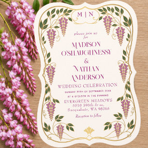 Gold Art Nouveau Pink Wisteria Wedding Invitation