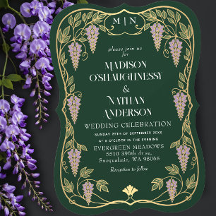 Gold Art Nouveau Purple Wisteria Wedding Invitation