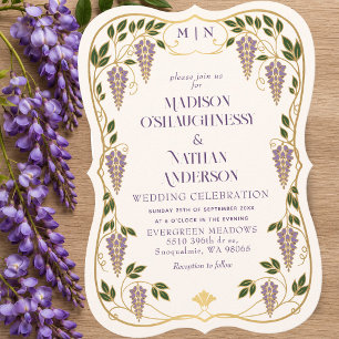 Gold Art Nouveau Purple Wisteria Wedding Invitation