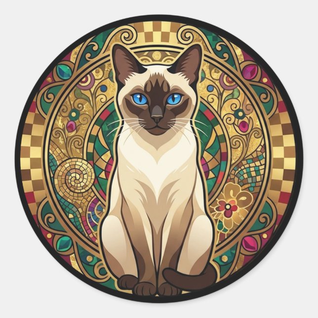 Gold Art Nouveau Siamese Cat Classic Round Sticker (Front)