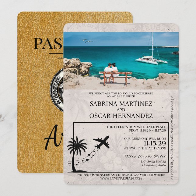 Gold Aruba Passport Wedding Invitation (Front/Back)