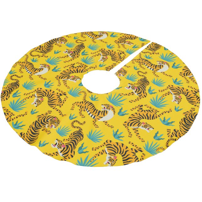 Gold Asian Tiger Pattern Brushed Polyester Tree Skirt (Angled)