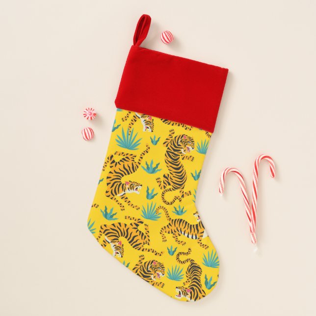 Gold Asian Tiger Pattern Christmas Stocking (Front)