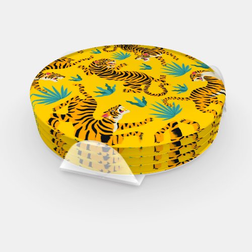 Gold Asian Tiger Pattern Coaster Set