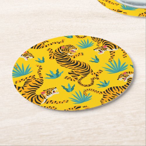 Gold Asian Tiger Pattern Round Paper Coaster