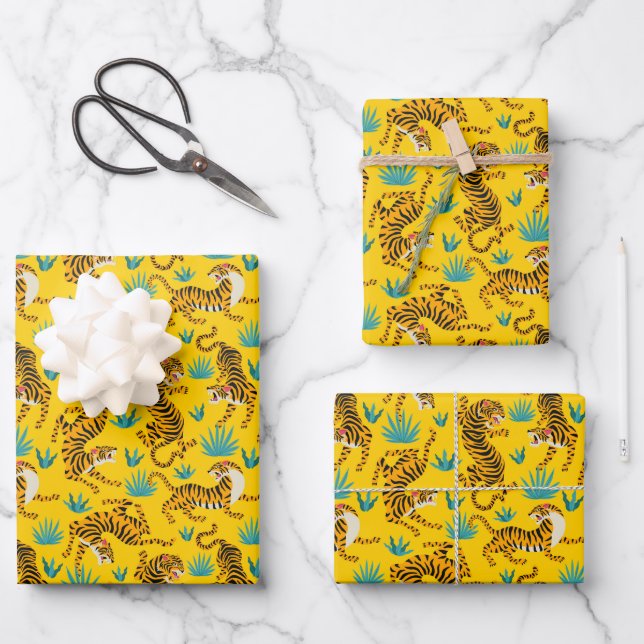 Gold Asian Tiger Pattern Wrapping Paper Sheets (Front)