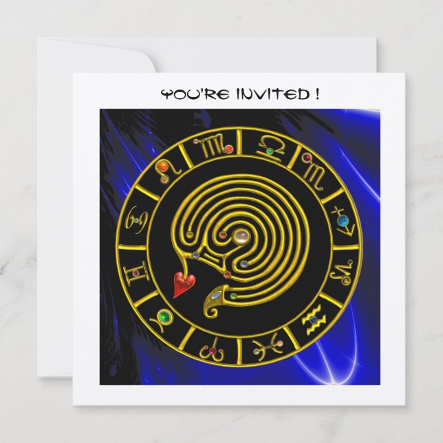 GOLD ASTRAL LABYRINTH Zodiac Chart Black Blue Invitation (Front)
