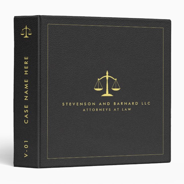 Gold Attorney Justice Scale Logo Black Leather 3 Ring Binder (Front/Spine)
