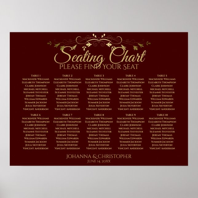 Gold & Auburn Brown 10 Table Wedding Seating Chart (Front)
