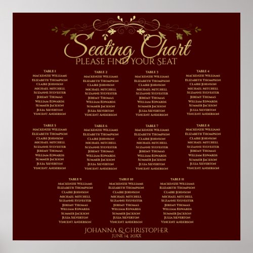 Gold  Auburn Brown 11 Table Wedding Seating Chart