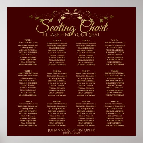 Gold  Auburn Brown 12 Table Wedding Seating Chart
