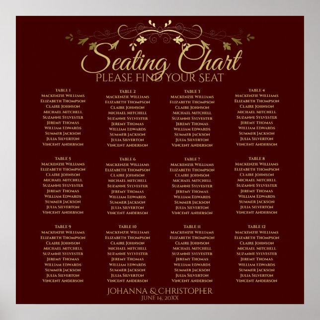 Gold & Auburn Brown 12 Table Wedding Seating Chart (Front)