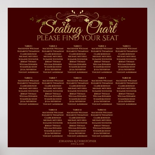 Gold  Auburn Brown 13 Table Wedding Seating Chart