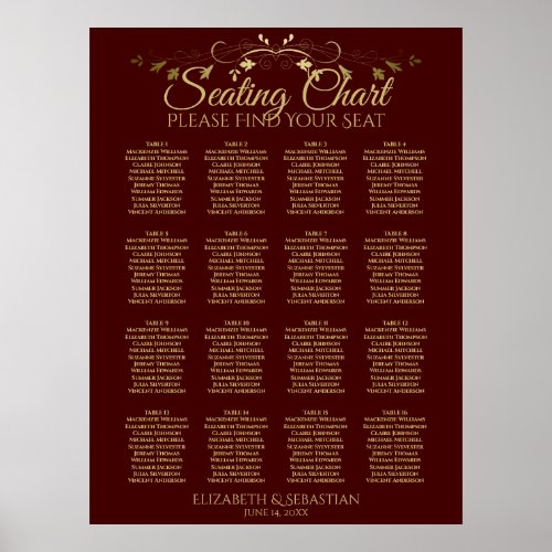 Gold  Auburn Brown 16 Table Wedding Seating Chart