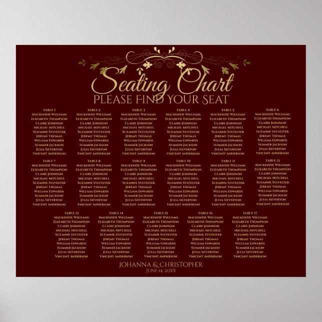 Gold & Auburn Brown 17 Table Wedding Seating Chart (Front)