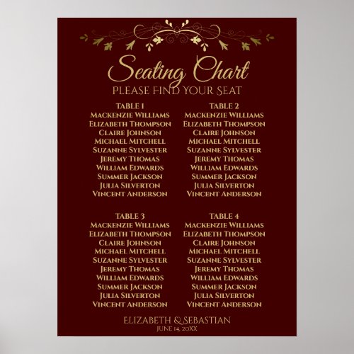 Gold  Auburn Brown 4 Table Wedding Seating Chart