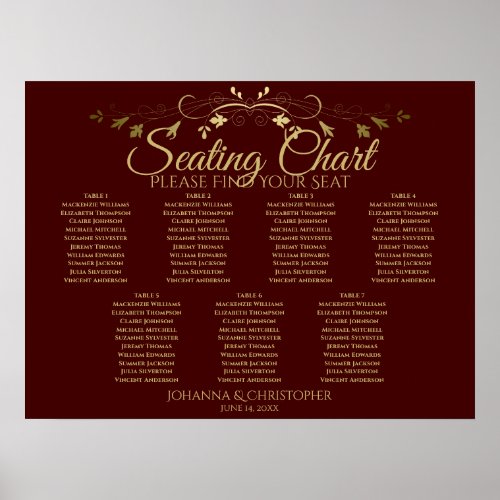 Gold  Auburn Brown 7 Table Wedding Seating Chart