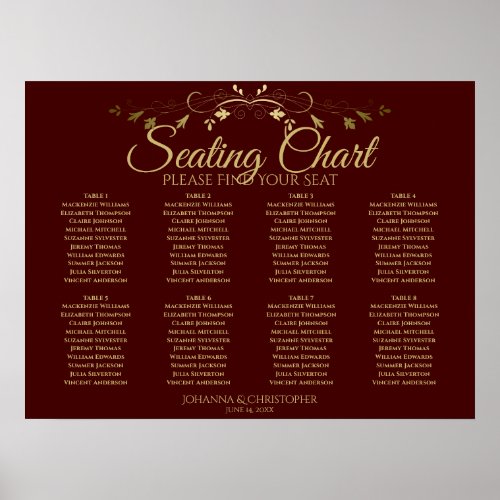 Gold  Auburn Brown 8 Table Wedding Seating Chart