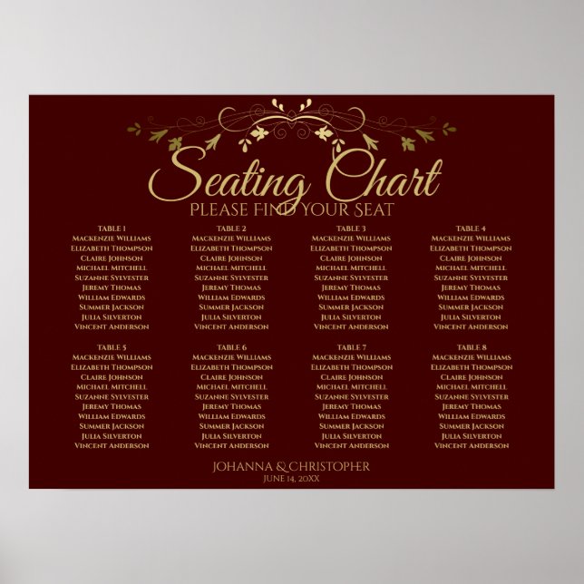 Gold & Auburn Brown 8 Table Wedding Seating Chart (Front)