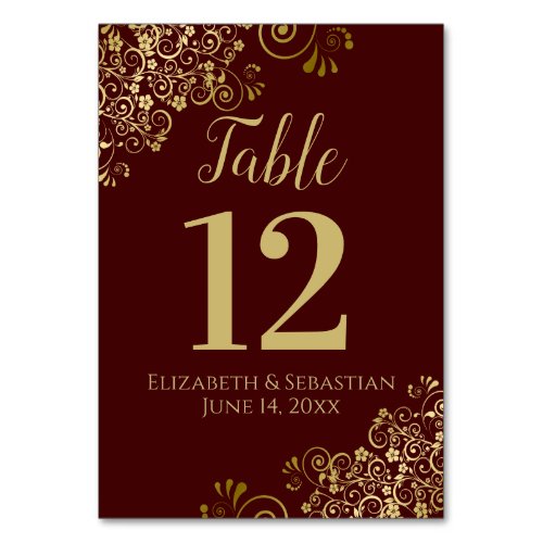 Gold  Auburn Brown Elegant Frilly Wedding Table Number