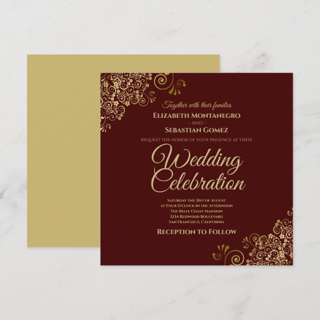 Gold Auburn Brown Simple Elegant Square Wedding Invitation (Front/Back)