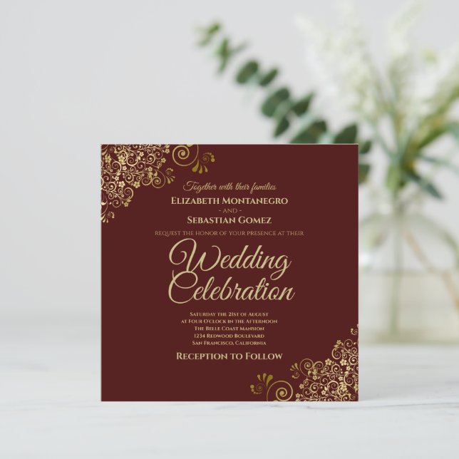 Gold Auburn Brown Simple Elegant Square Wedding Invitation (Standing Front)
