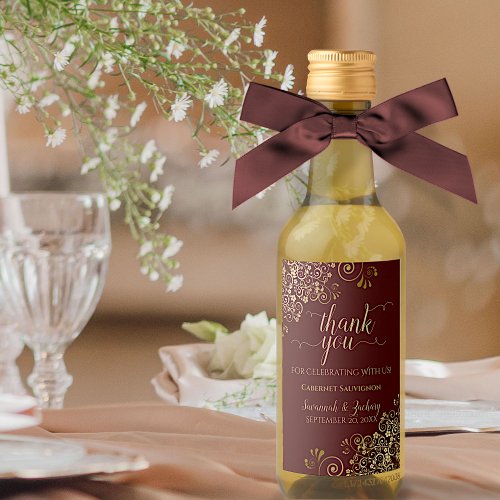 Gold  Auburn Brown Wedding Thank You Mini Wine Label