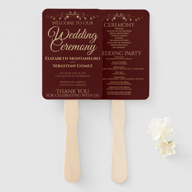 Gold & Auburn Elegant Flourish Wedding Program Hand Fan (Front and Back)
