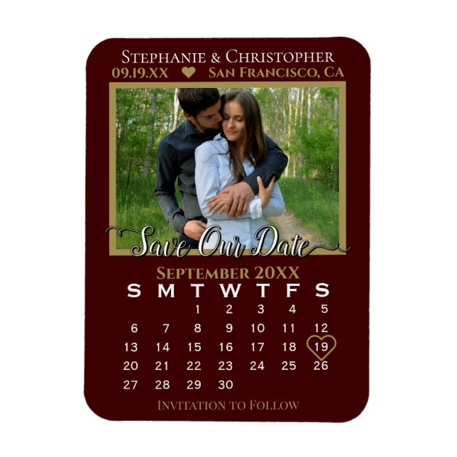 Gold & Auburn Photo Calendar Save Our Date Wedding Magnet (Vertical)