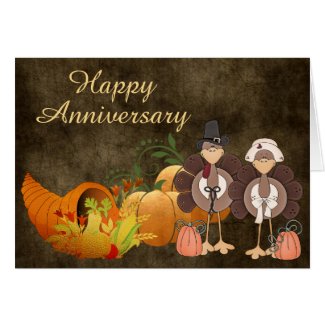 Gold Autumn Cute Turkey Couple Happy Anniversary Card