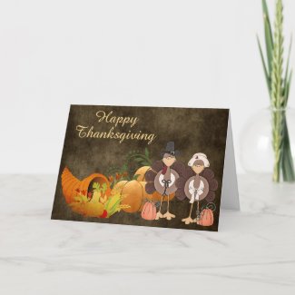 Gold Autumn Cute Turkey Couple Happy Thanksgiving Holiday Card