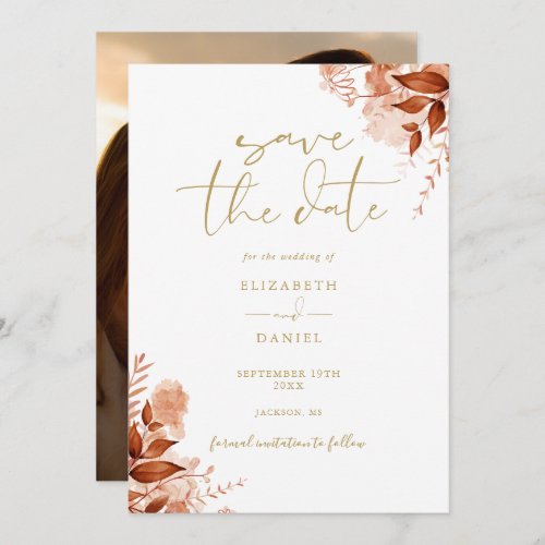 Gold Autumn Fall Floral Photo Wedding Save The Date