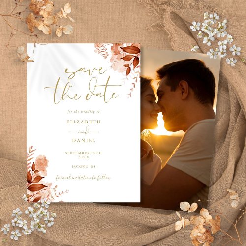 Gold Autumn Fall Floral Photo Wedding Save The Date