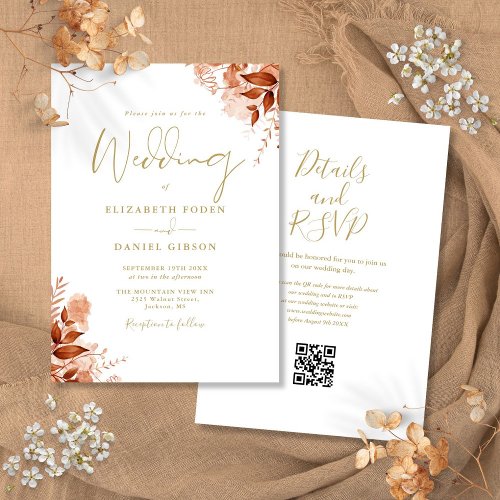 Gold Autumn Fall Floral QR Code Wedding Invitation