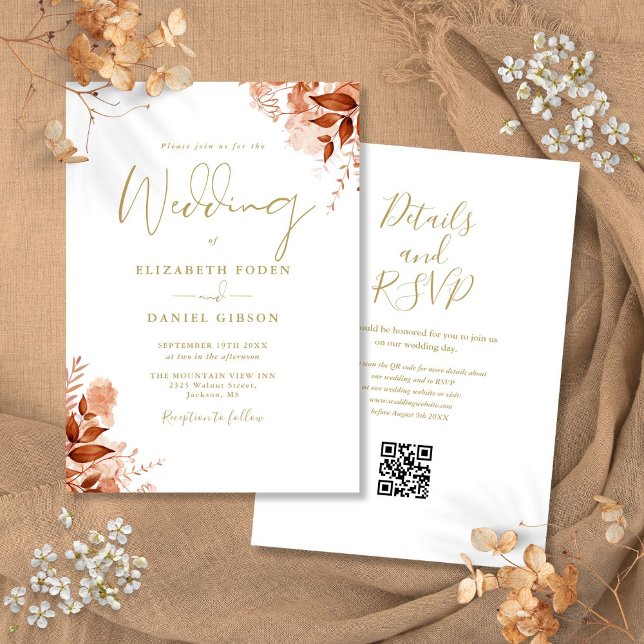 Gold Autumn Fall Floral QR Code Wedding Invitation (Gold Autumn Fall Floral QR Code Wedding Invitation)