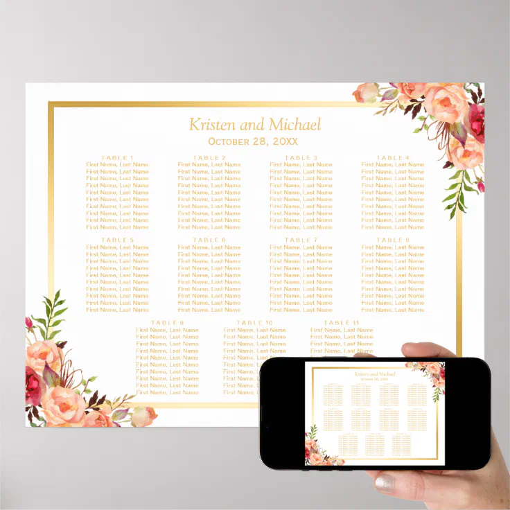 Gold Autumn Flowers Fall Wedding Seating Chart | Zazzle