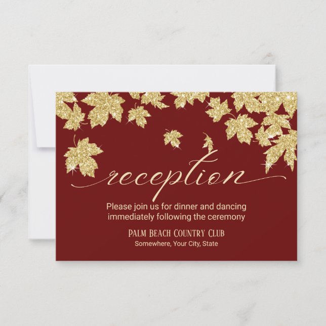 Gold Autumn Leaves Burgundy Fall Wedding Reception Invitation (Front)