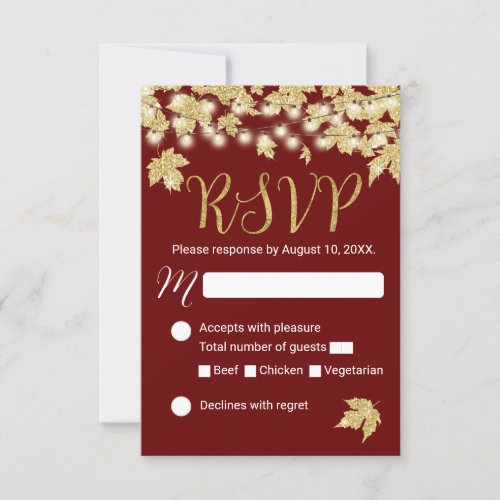 Gold Autumn Leaves Burgundy Fall Wedding RSVP