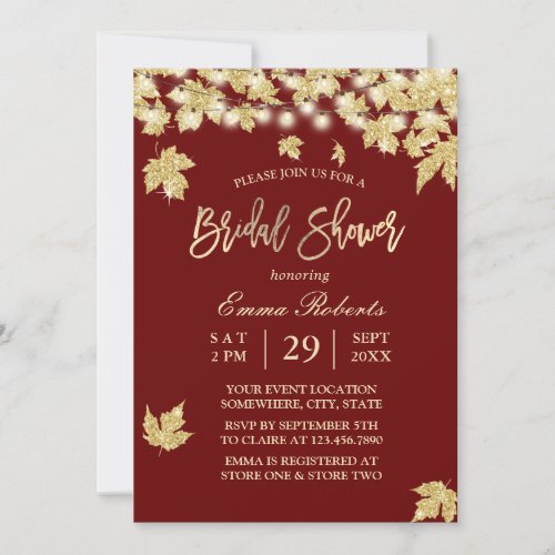 Gold Autumn Leaves Burgundy Red Bridal Shower Invitation