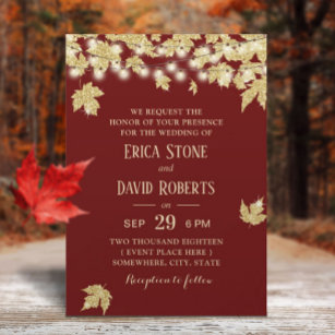 Gold Autumn Leaves Burgundy Red Fall Wedding Invitation