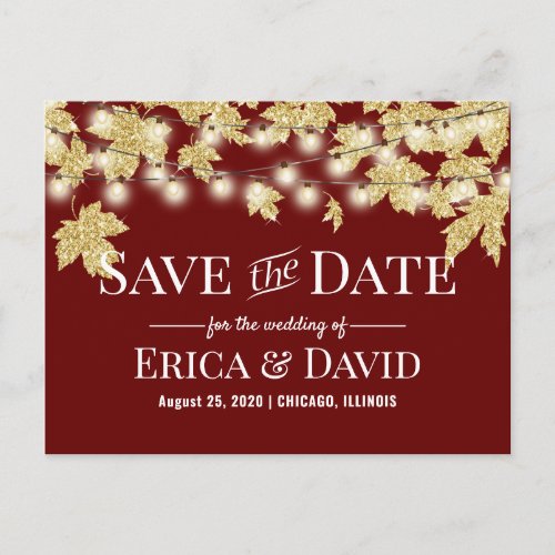 Gold Autumn Leaves Red Fall Wedding Save the Date Announcement Postcard