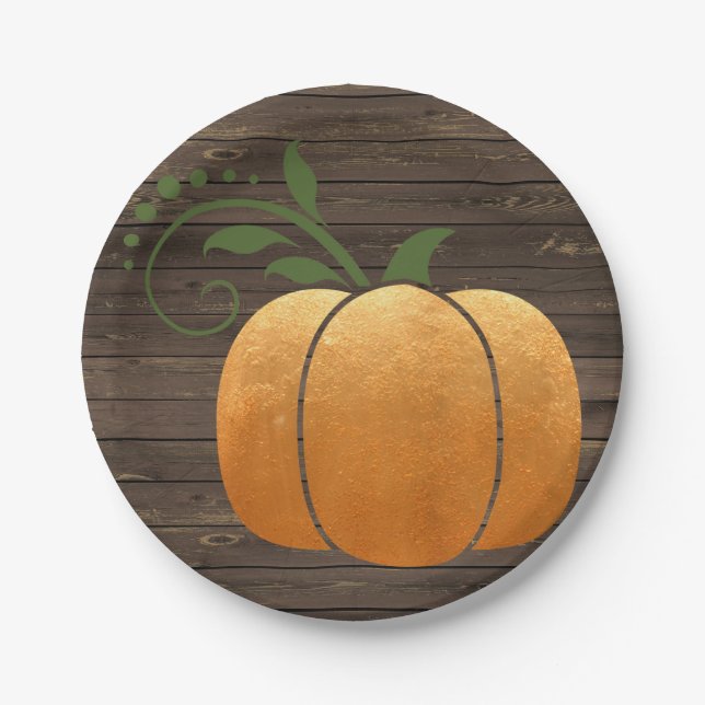 Gold Autumn Rustic Wood Pumpkin Paper Plates (Front)