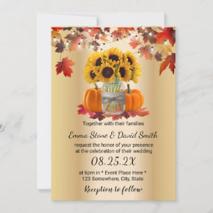 Gold Autumn Sunflower Jar Pumpkins Fall Wedding Invitation