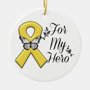 Gold Awareness Ribbon For My Hero Ceramic Ornament