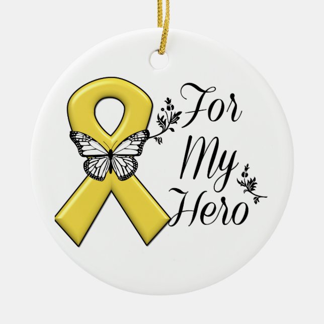 Gold Awareness Ribbon For My Hero Ceramic Ornament (Front)